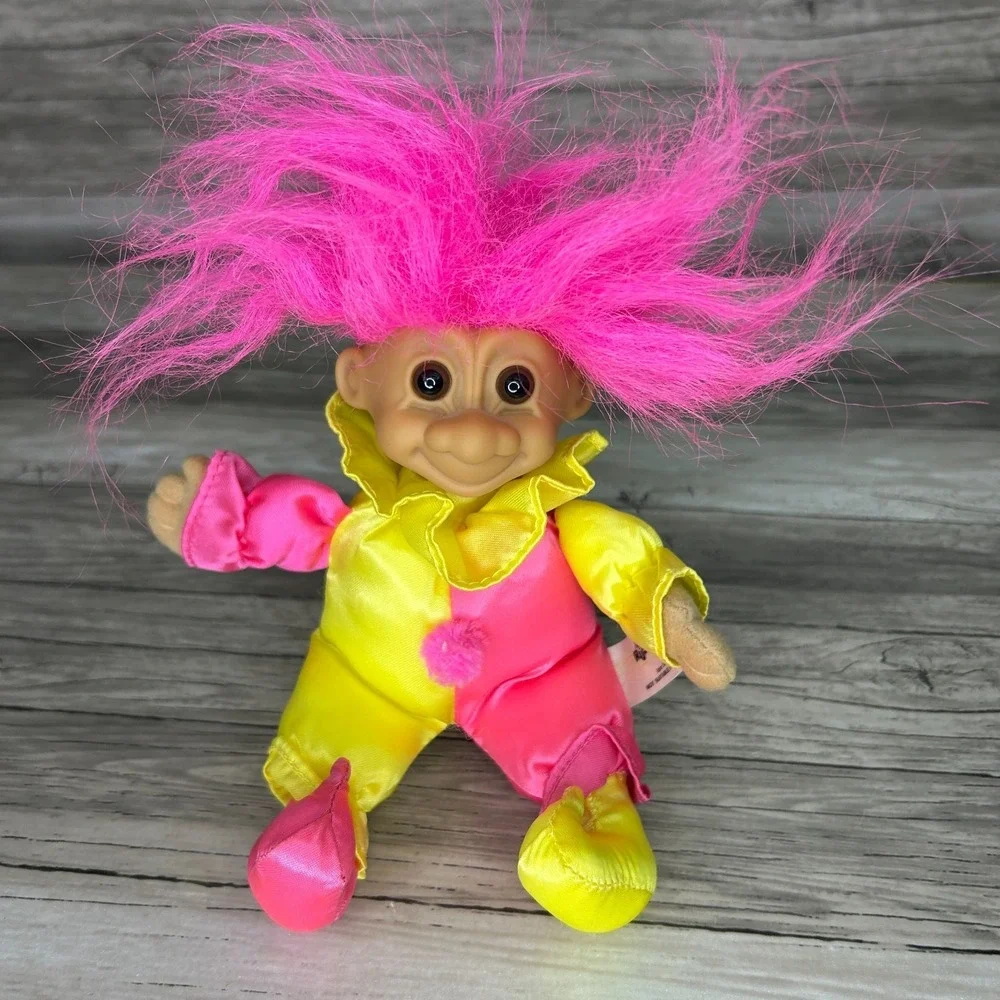 Russ Troll Jester Clown Doll Plush Pink Hair 90s Vintage‎ y2k Yellow